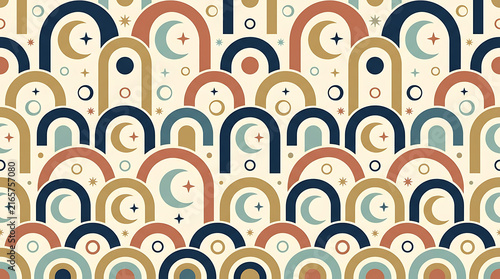 Seamless pattern with pixel art arches and moons in retro colors