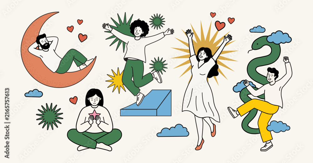 Obraz premium Minimalist Flat Vector Illustration of Happy People Representing Mental Health, Self Care, Mindfulness, and Positive Emotion Concepts on a Light Background