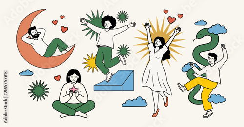 Картината върху платно Minimalist Flat Vector Illustration of Happy People Representing Mental Health,