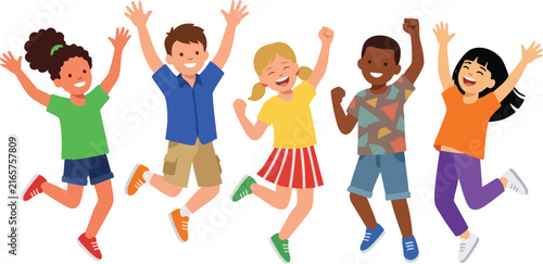 Flat Vector Set of Diverse Children Jumping and Playing in Different Poses