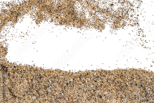 Natural sand and pebble frame isolated on white or transparent background. Creative organic beach border with messy grains and central copy space. High-quality element for summer design