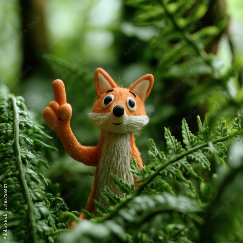 Naklejka premium A charming clay fox stands among lush green leaves in a forest, waving its paw with visible thumb marks, displaying its handmade details.