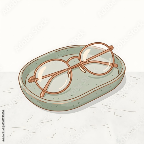 Minimalist round eyeglasses, ceramic tray on table, optical eyewear accessory