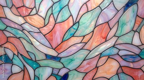 Colorful stained glass window pattern with abstract shapes and pastel light