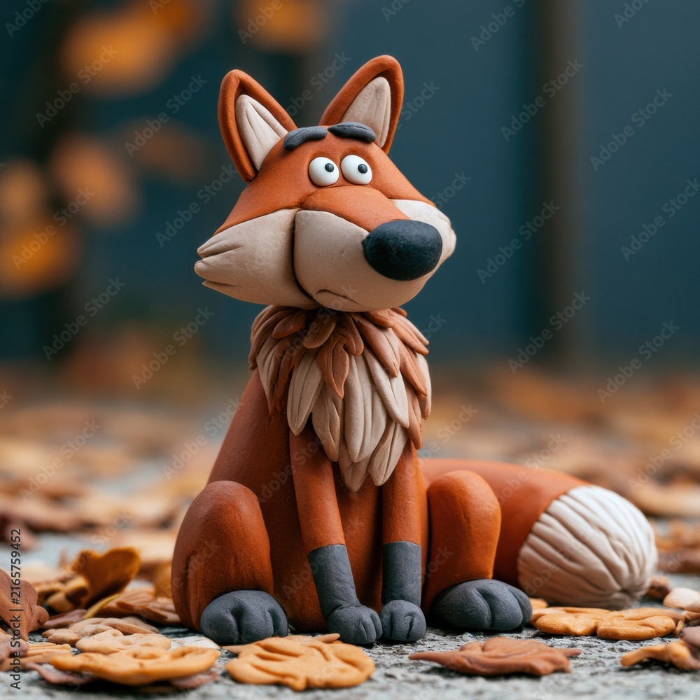 Naklejka premium A clay fox sits on a surface surrounded by colorful autumn leaves. The scene shows the detailed craftsmanship of the fox.