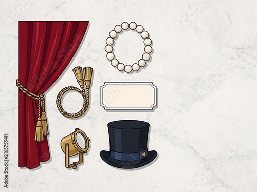Vintage theater icons set, red stage curtain and top hat, show business elements