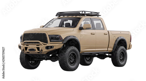 Quadro su tela Tan off-road pickup truck with roof rack and modified bumper isolated on png tra
