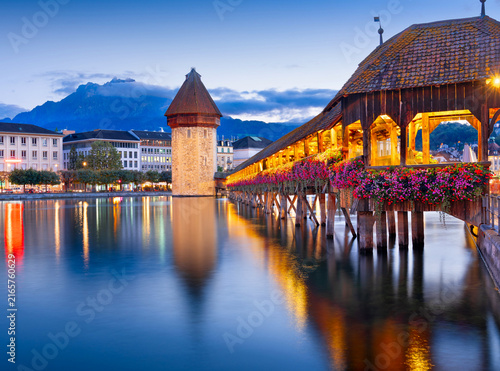 Bild auf Leinwand Lucerne, Switzerland in the Morning on the Ruess RIver with Mt