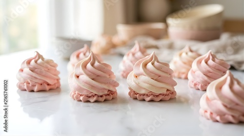 Delicate Pink and White Meringue Kisses on Marble