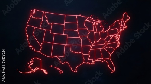 Neon red glowing outline map of the United States on dark background