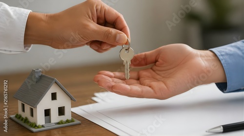 Real Estate Transaction with Key Handover and House Model