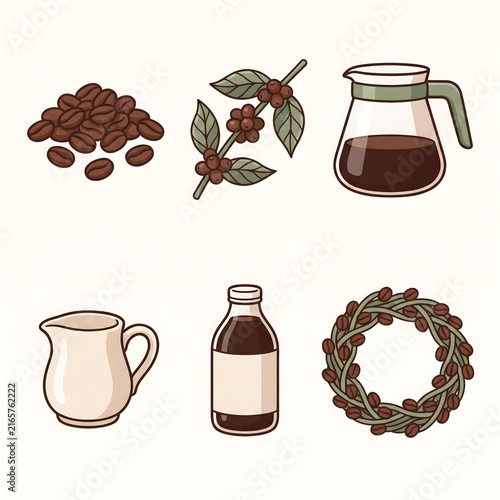 Coffee bean illustrations, roasted coffee set, cafe icons on white background