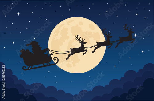 Santa Sleigh Flying Across Full Moon