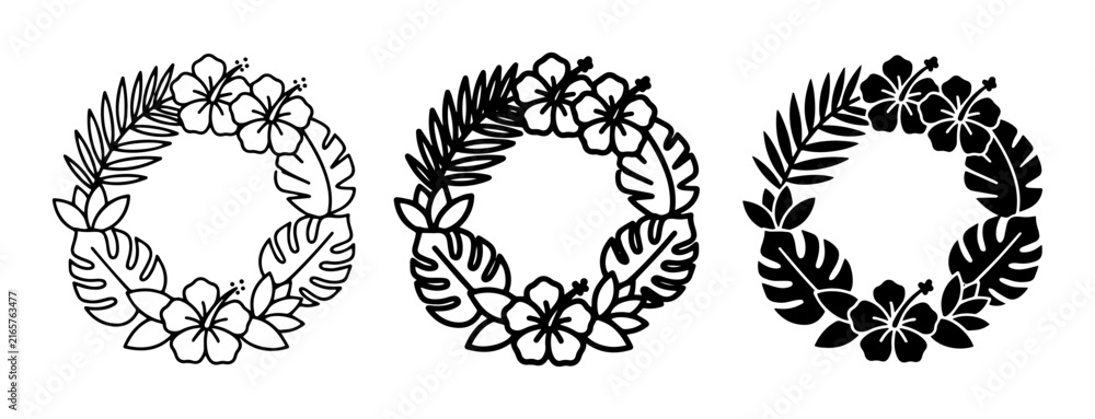 Fototapeta premium Tropical Floral Wreaths, Hawaiian Flower Circles, Summer Leaf Frames, Vector Elements