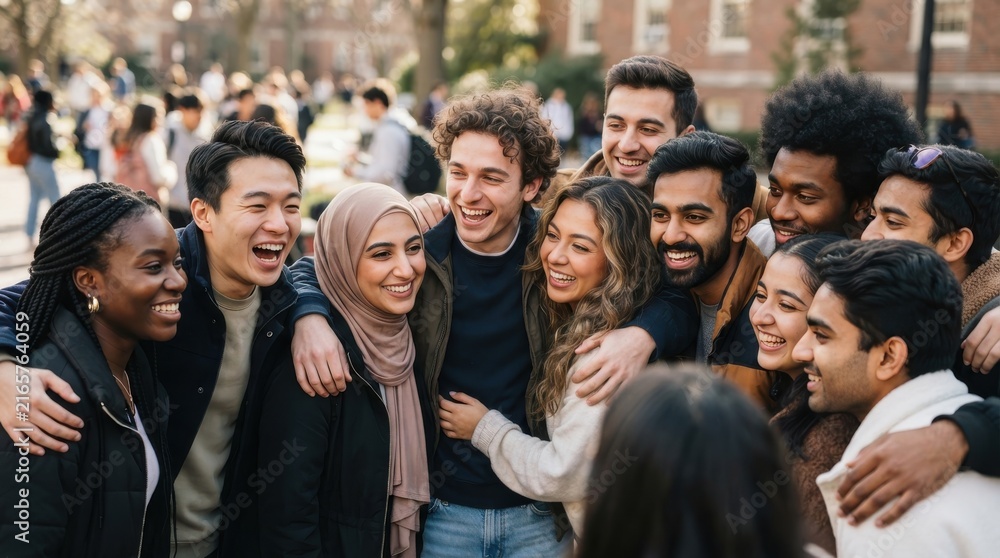 Fototapeta premium Diverse group of happy young students laughing together on university campus