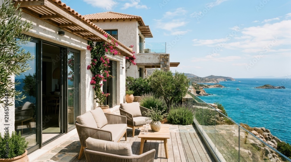 Fototapeta premium Luxury terrace with outdoor furniture overlooking the sea