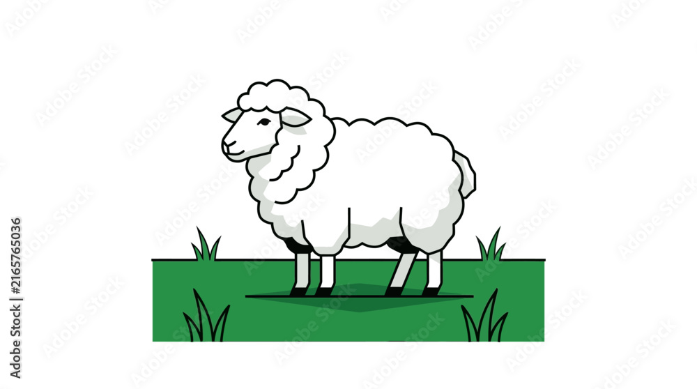 Obraz premium Cute fluffy white sheep standing on green grass field isolated on white background flat cartoon farm animal vector illustration