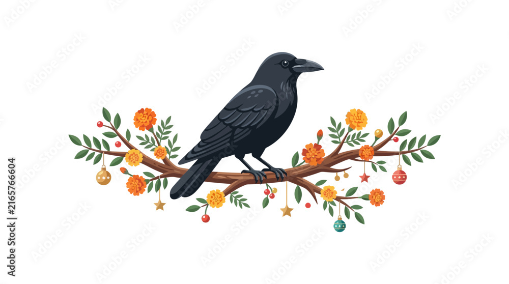 Fototapeta premium Raven perched on decorated branch, isolated, transparent background, festive, autumn, christmas elements