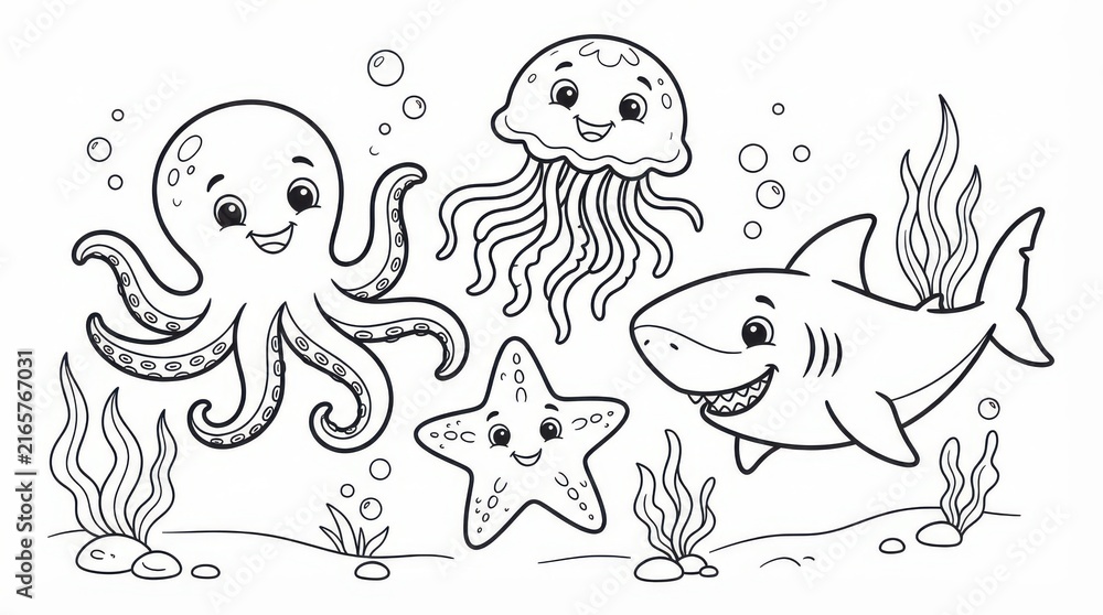 Fototapeta premium Cute ocean animals coloring page with shark, octopus, jellyfish and starfish
