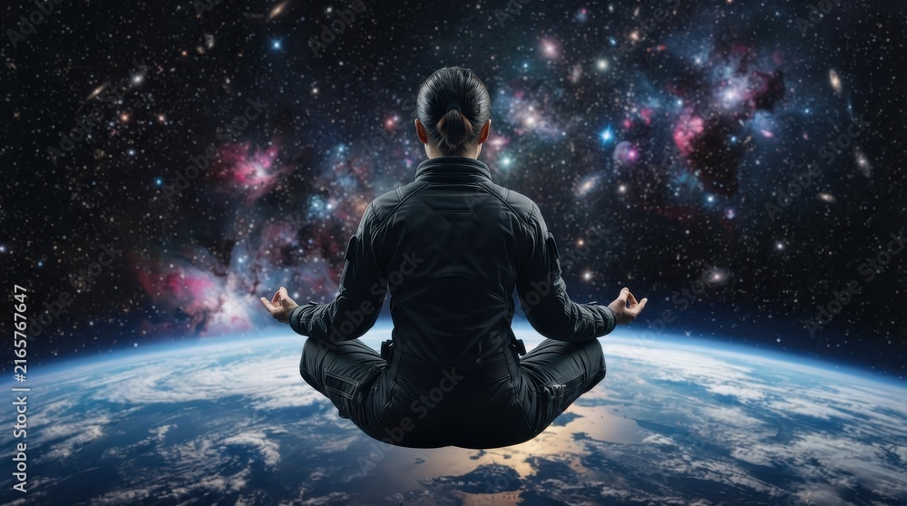 Fototapeta premium Astronaut meditating in space above planet Earth with stars and nebula