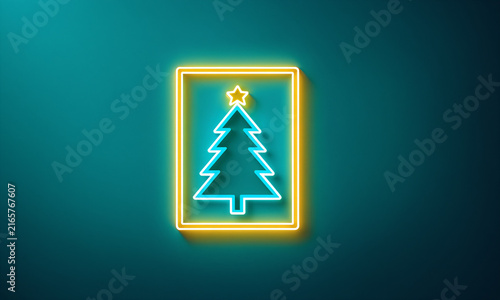 bright glowing neon sign shaped like a green christmas tree with a yellow star on top surrounded by a yellow illuminated rectangular border on a dark teal wall.