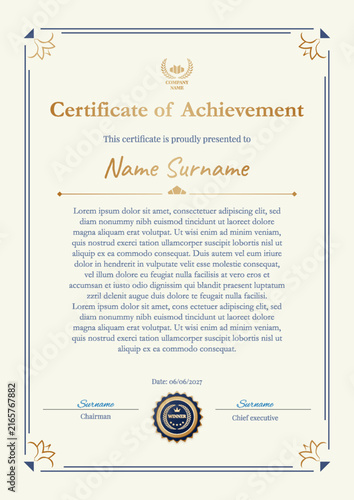 Classic Certificate of Achievement Template with Gold Seal and Navy Blue Frame