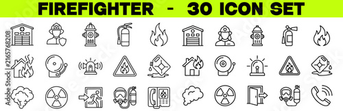 Firefighter Icon Set – Fire Department, Fire, Hose, Extinguisher and Burning House Editable Stroke Vector Line Icons