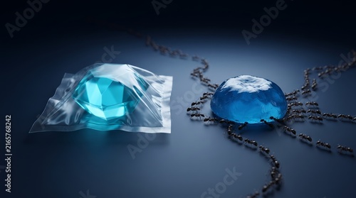 Plakat Several ants meticulously follow a trail towards a glowing blue gem sealed in plastic, while others swarm around an exposed, similar gem.