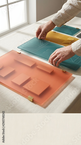 Architect arranging colorful acrylic panels on white studio desk