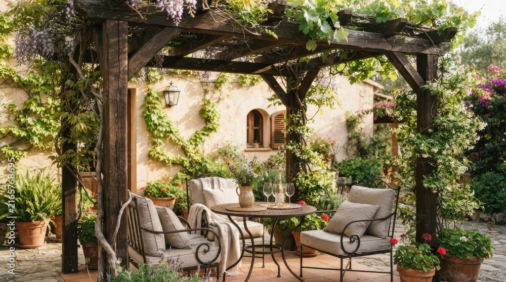 Obraz premium Cozy rustic wooden pergola terrace with comfortable seating and lush plants