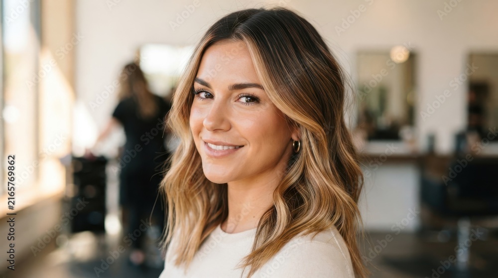 Obraz premium Beautiful young woman with blonde highlighted hair smiling in a modern hair salon