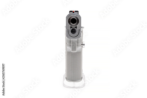 Fotografía Silver 1911-style pistol facing camera in centered front view