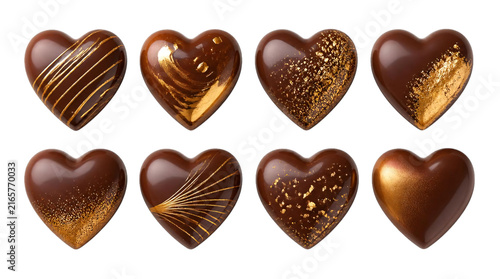 Collection of luxury dark chocolate hearts with gold decoration isolated