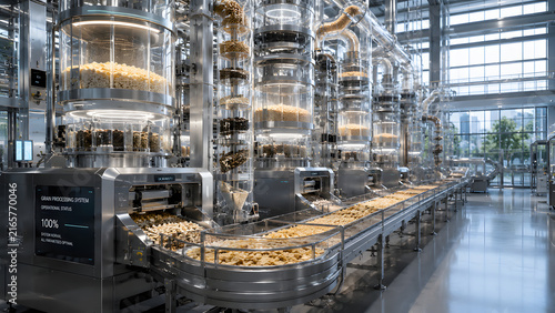 Automated grain processing factory with transparent silos and conveyor system