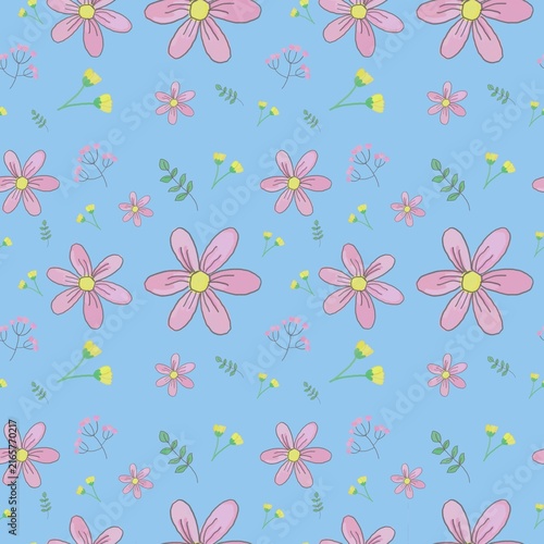 Hand drawn floral seamless pattern with pink wildflowers and green leaves on blue background