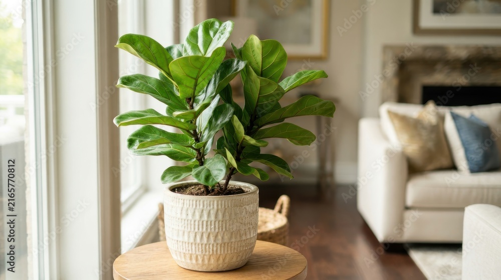 Fototapeta premium Fiddle leaf fig plant in textured pot on wooden stool in living room