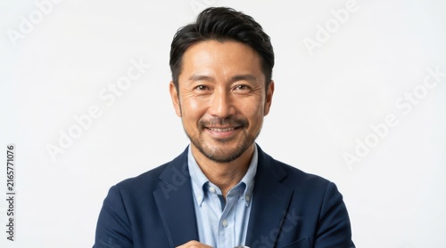 Asian businessman smiling wearing dark suit and blue shirt