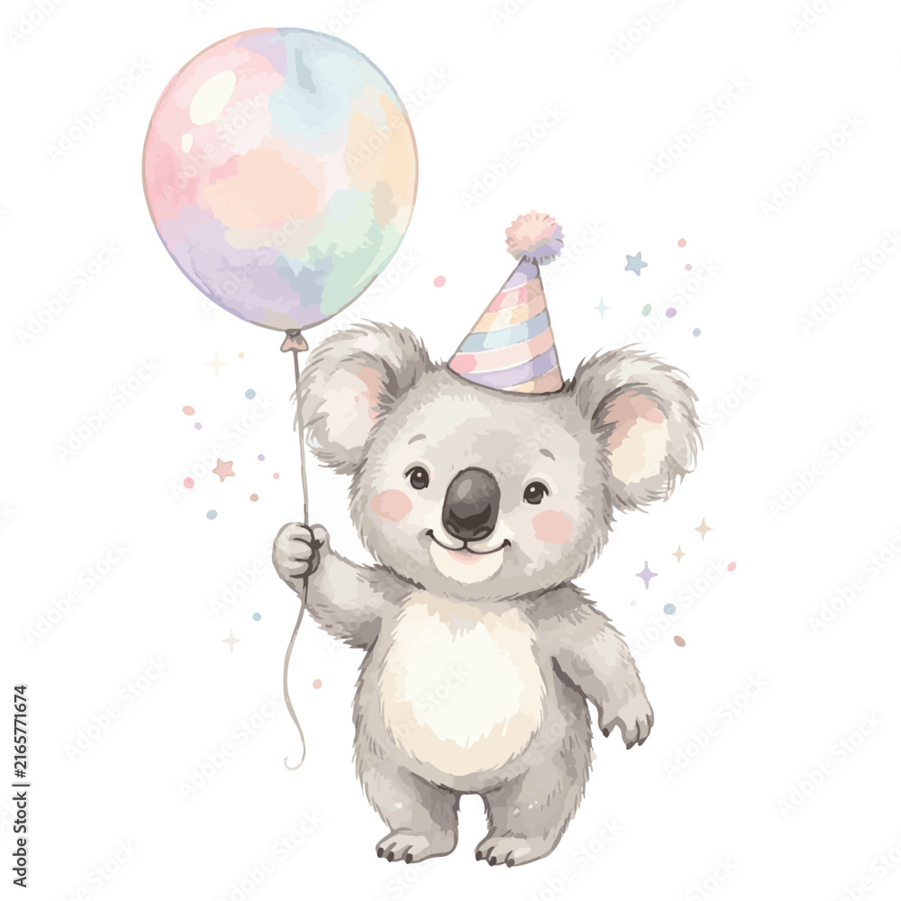 Fototapeta premium Cute Baby Koala Celebrating Birthday with Pastel Balloon and Party Hat Watercolor