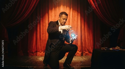 Obraz na płótnie Magician performing a magic trick with glowing ball and cards on stage