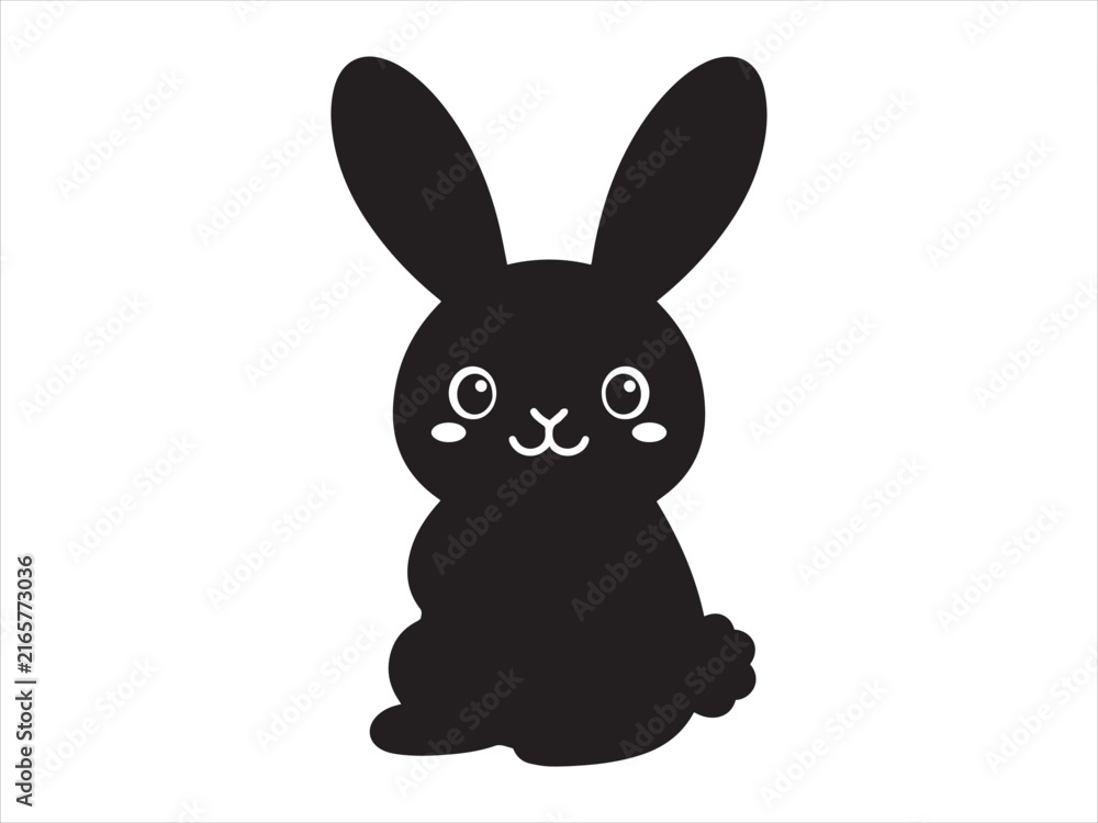 Fototapeta premium A cute black silhouette of a cartoon rabbit with large eyes isolated on a white background