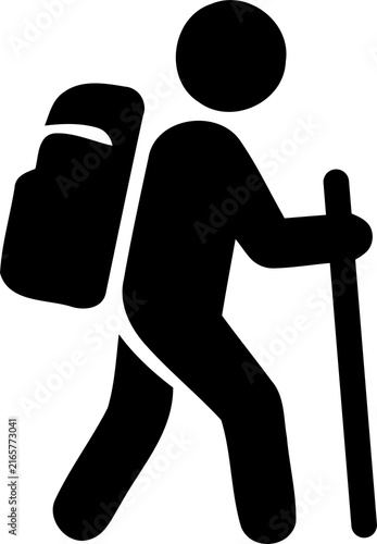 Hiker with backpack and trekking pole walking during outdoor exploration isolated on transparent background