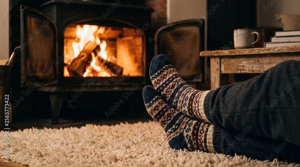 Fototapeta premium Patterned wool socks rest on a soft rug beside a glowing wood stove in a cozy room. Concept winter comfort, home heating, hygge lifestyle and seasonal advertising. Generative AI.