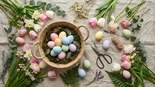 Pastel Easter Eggs in Wicker Basket with Fresh Spring Flowers Flat Lay
