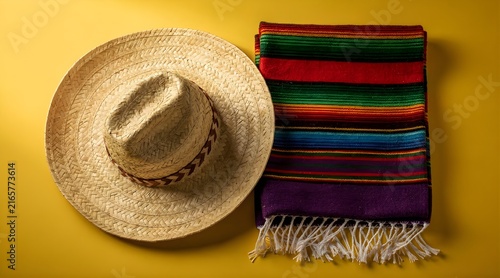 Traditional Mexican Sombrero and Colorful Serape on Yellow Background