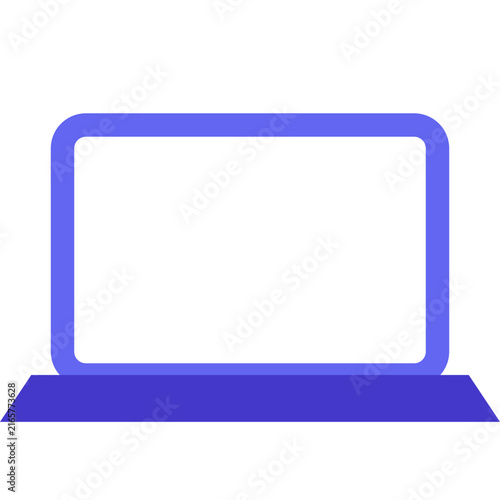 Modern minimalist flat design portable computer symbol with rounded edges, blue stroke, and dark purple base, featuring clean lines and contemporary aesthetic.