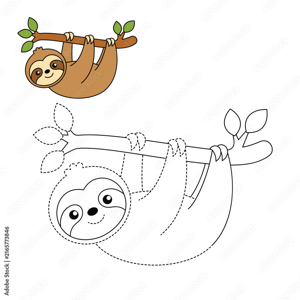Naklejka premium Cute Hanging Sloth Trace and Color Worksheet for Kids Preschool Activity