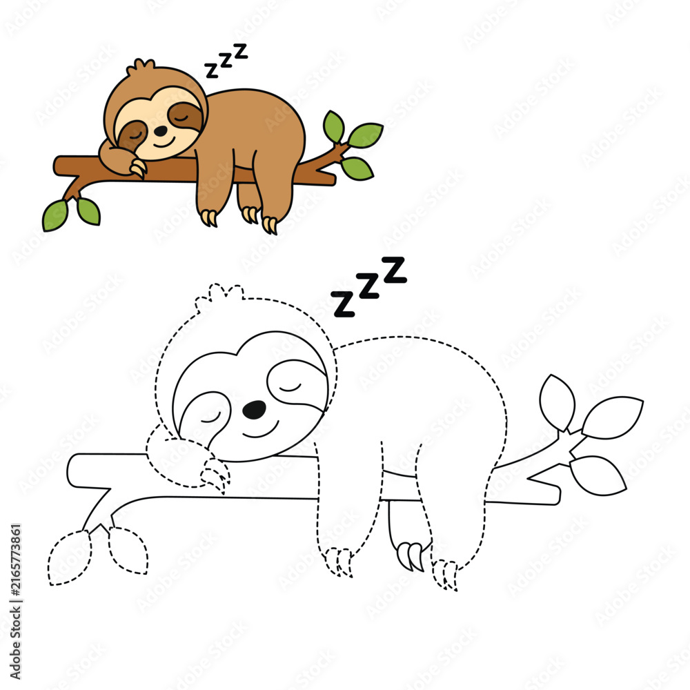 Naklejka premium Cute Sleeping Sloth Trace and Color Worksheet for Kids Preschool Activity