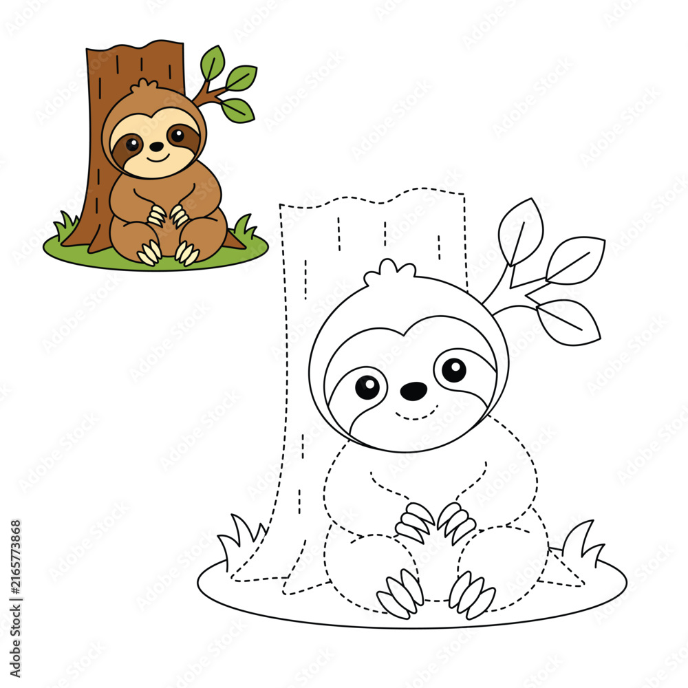Naklejka premium Cute Sloth Sitting on Tree Trace and Color Worksheet for Kids Preschool Activity