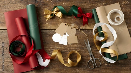 Christmas Gift Wrapping Supplies Flat Lay on Wooden Table