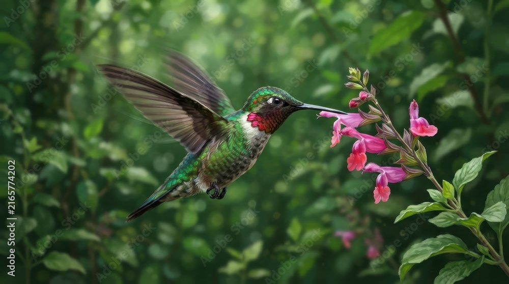 Naklejka premium Hummingbird hovering and feeding on pink flowers in lush green garden